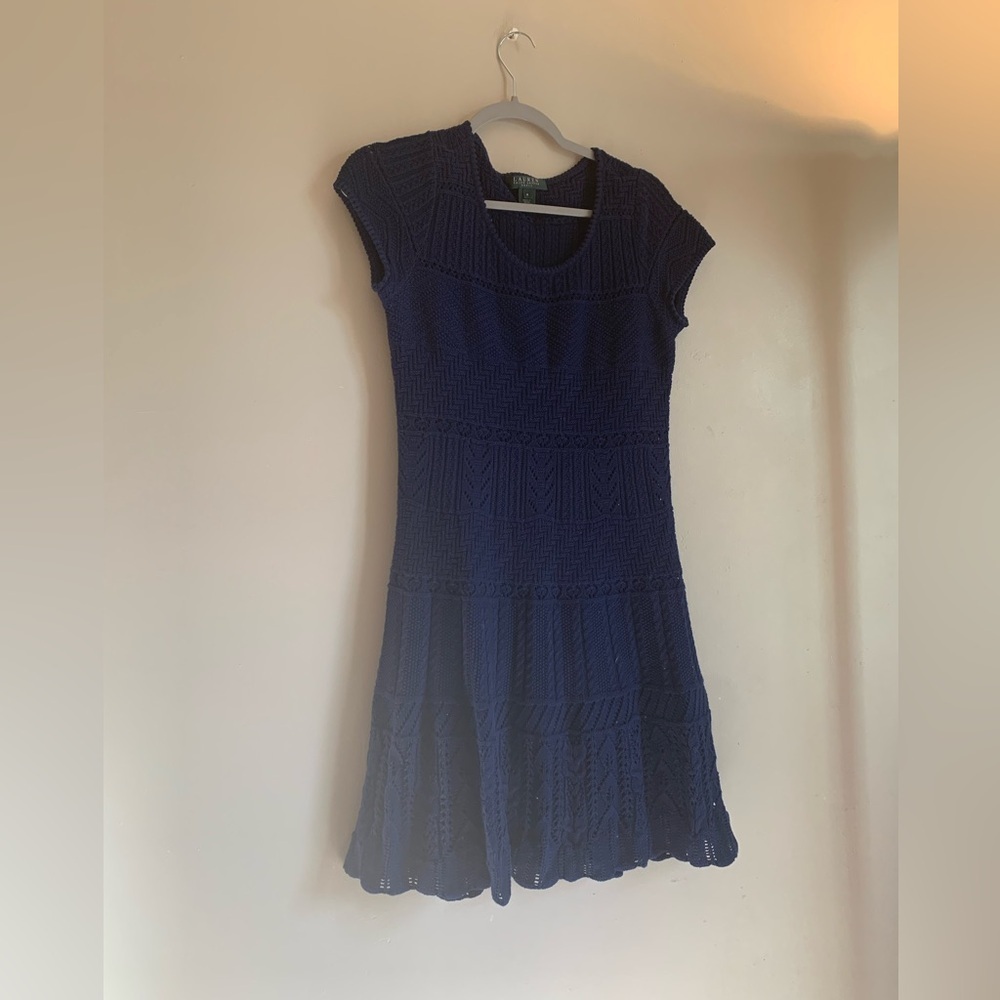 Lauren Ralph Lauren Dark Blue MIDI Sweater Dress Long Sleeve Women M Formal